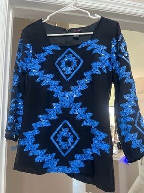 Embellished Black Silk Blouse with Blue Sequin Geometric Pattern